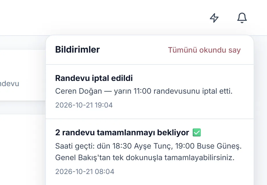 Paneldeki bildirim menüsü