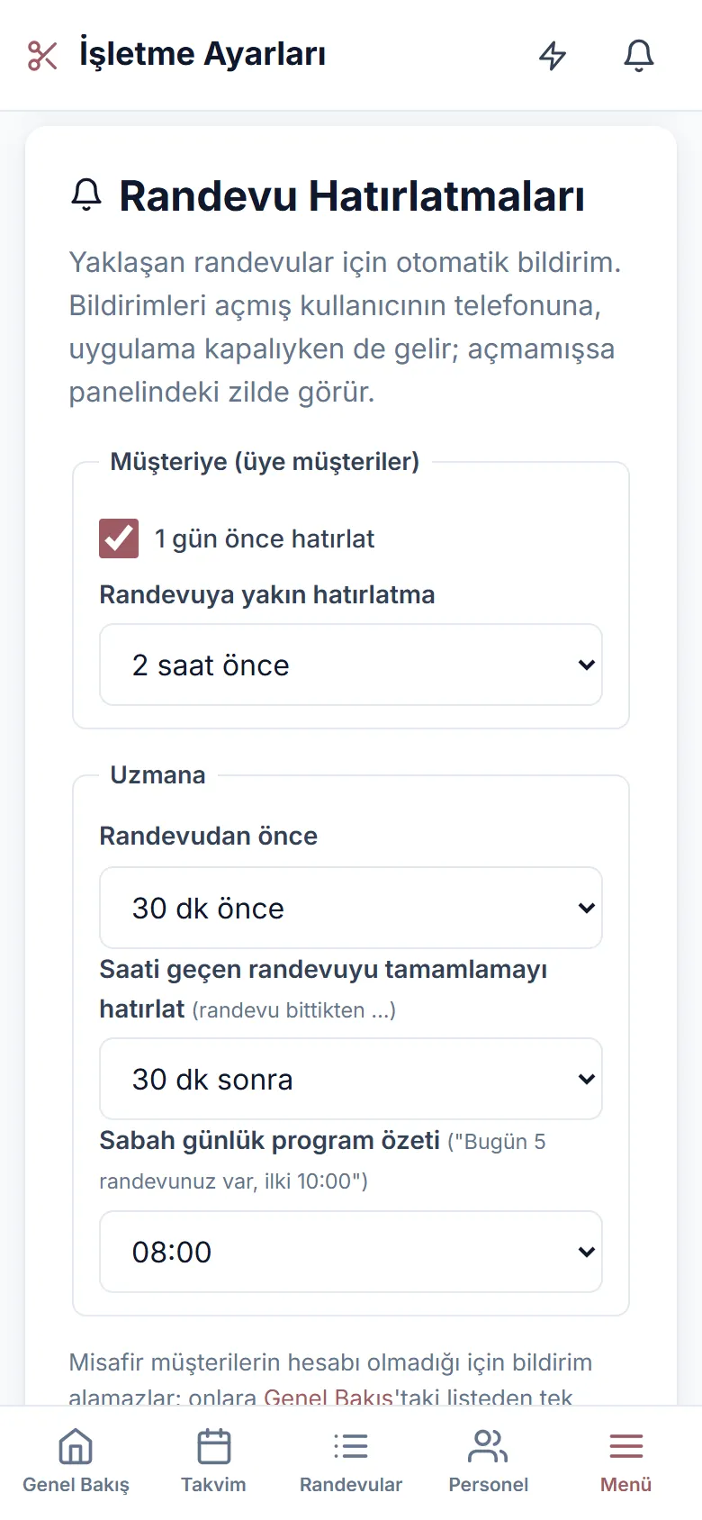 Hatırlatma ayarları