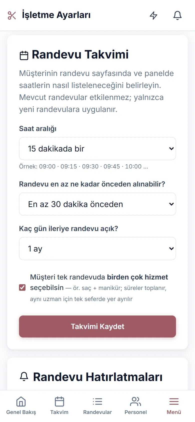 Randevu takvimi ayarları: saat aralığı, çoklu hizmet, kaç gün ileri