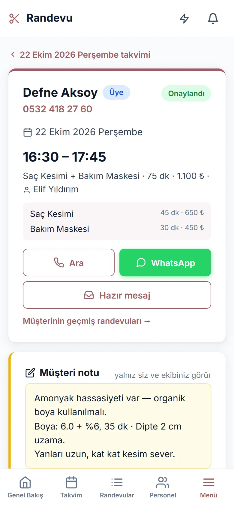 Randevu ekranı: hizmet kırılımı, müşteri notu, Ara ve WhatsApp