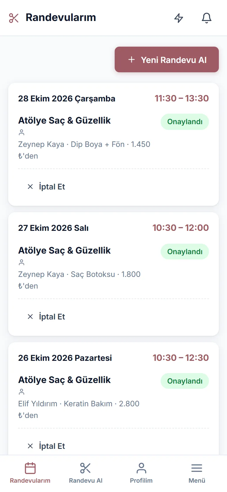 Müşteri hesabı: randevularım, iptal, yeni randevu