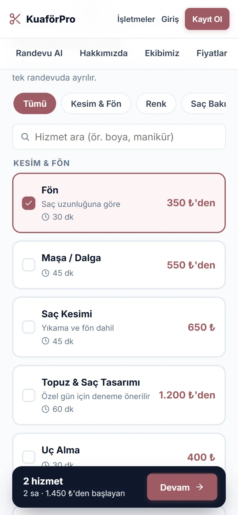 Kategorili hizmet listesi, birden fazla hizmet seçimi ve toplam süre
