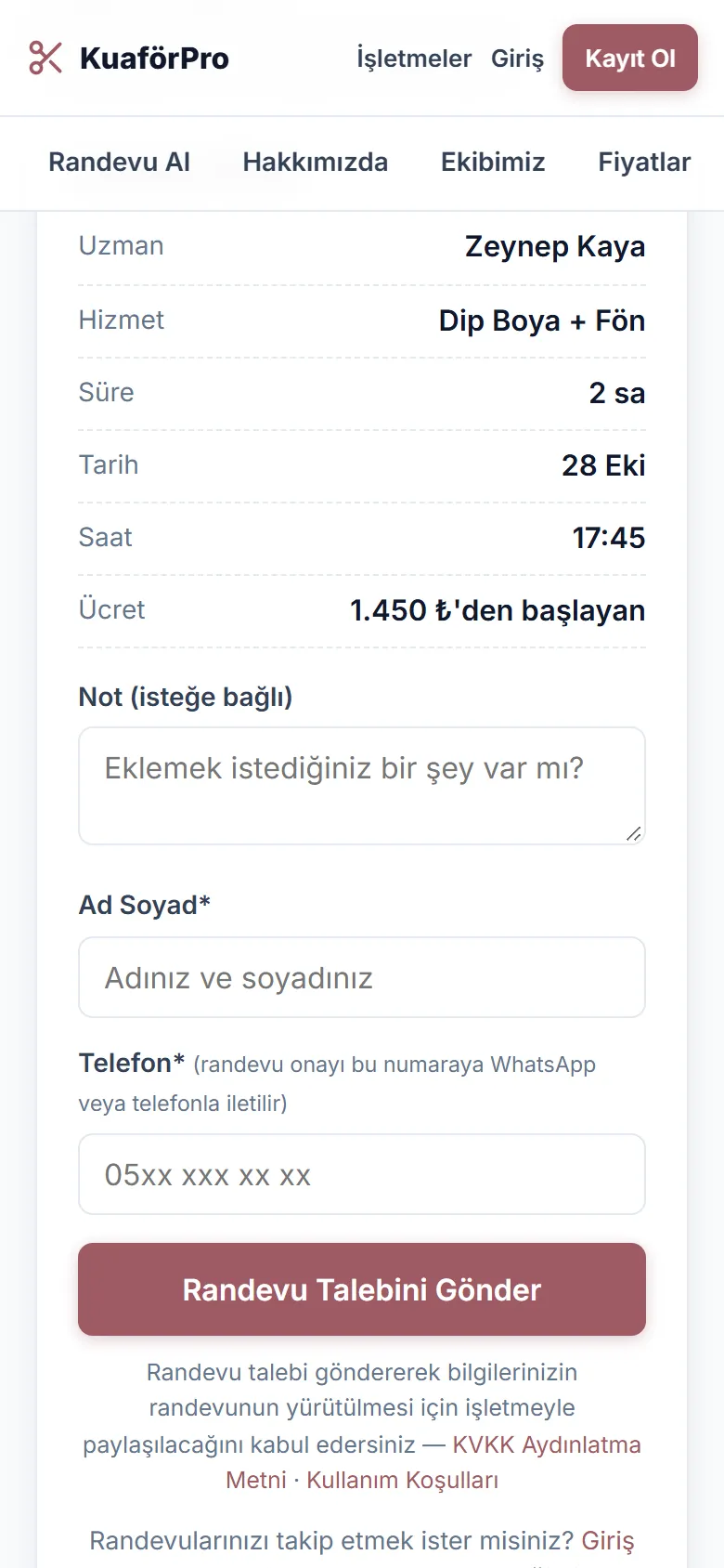 Randevu özeti: hizmetler, toplam süre, ücret; ad ve telefonla talep