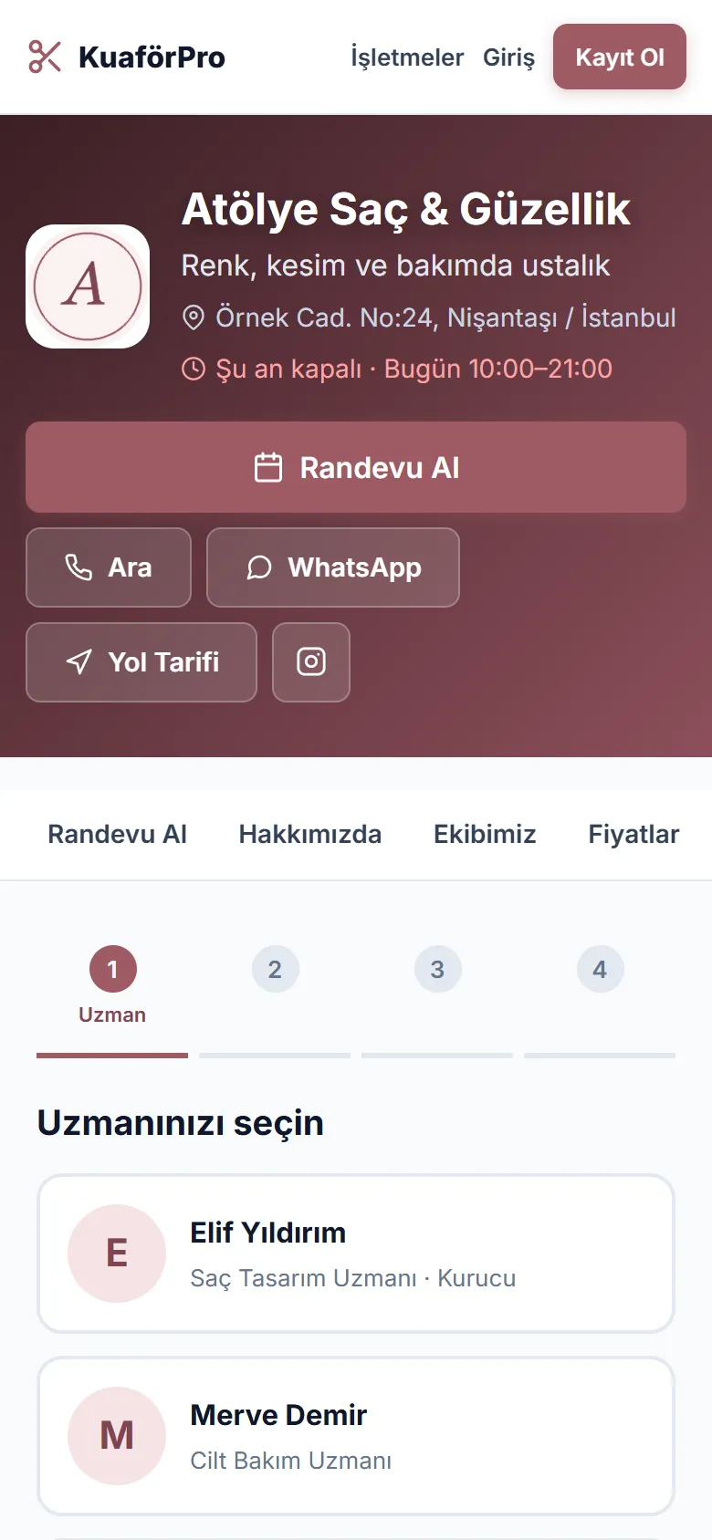 Müşterinin gördüğü salon sayfası